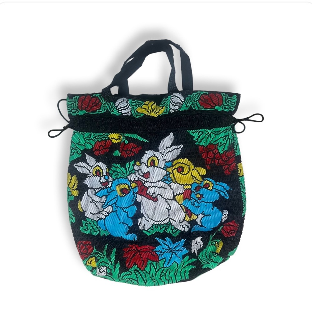 Vintage beaded drawstring bunny bag